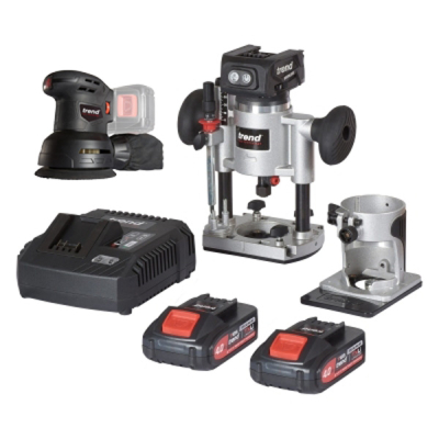 18v Brushless ¼Inch Router + 2x 4amp Bat & Charger + Random Orbital Sander
